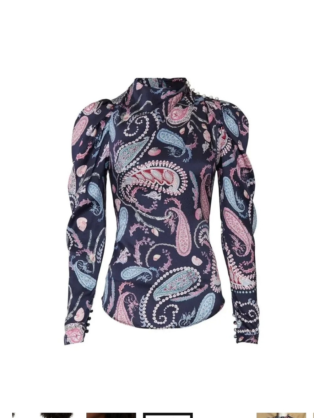 Boho Paisley & Seashell High-Neck Blouse - Faux Pearl & Button Details - Perfect